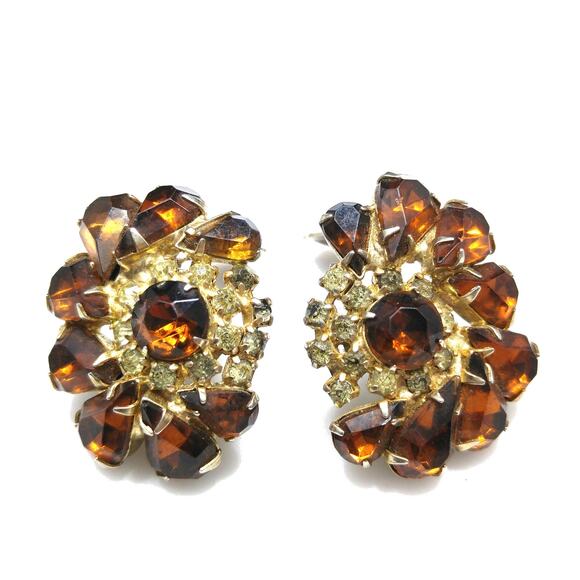 Vintage Topaz & Yellow Rhinestone Clip Earrings, Gold Plated, 1950s - Picture 1 of 10